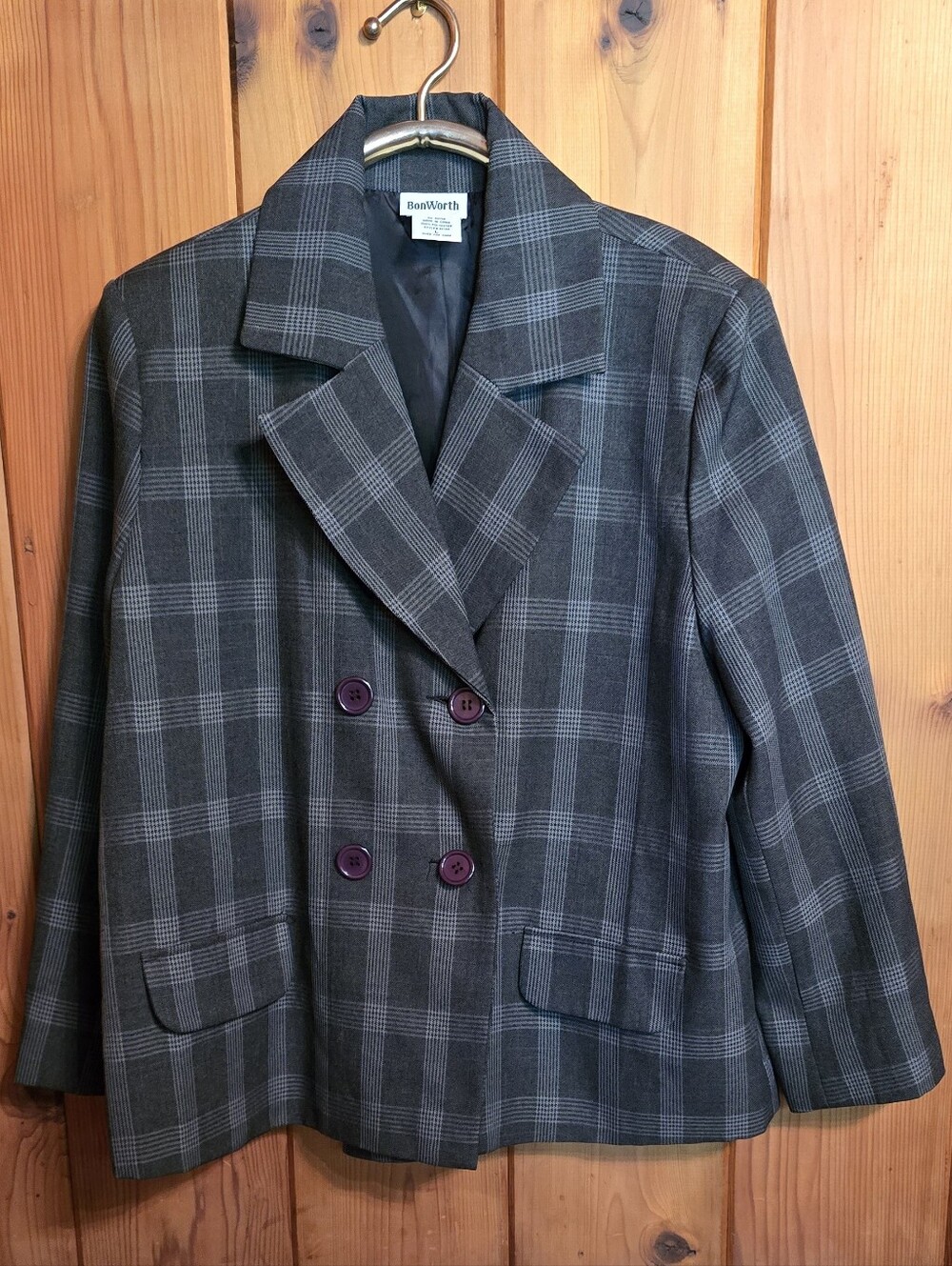 BonWorth Gray Plaid Double-Breasted Blazer